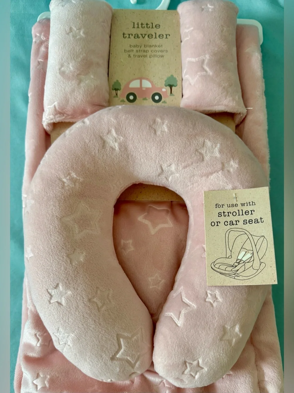 Little Traveler Light Pink Star Baby Blanket, Strap Covers & Travel Pillow Set